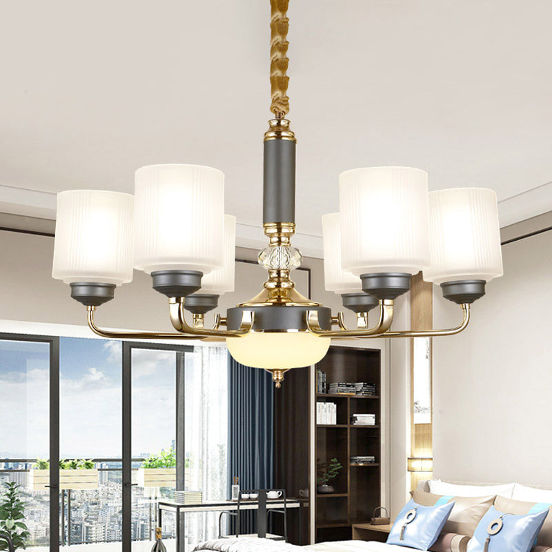 Null 6/8/12 Bulbs Chandelier Light Fixture Rural Cream Glass Cylindrical Pendulum Light for Bedroom
