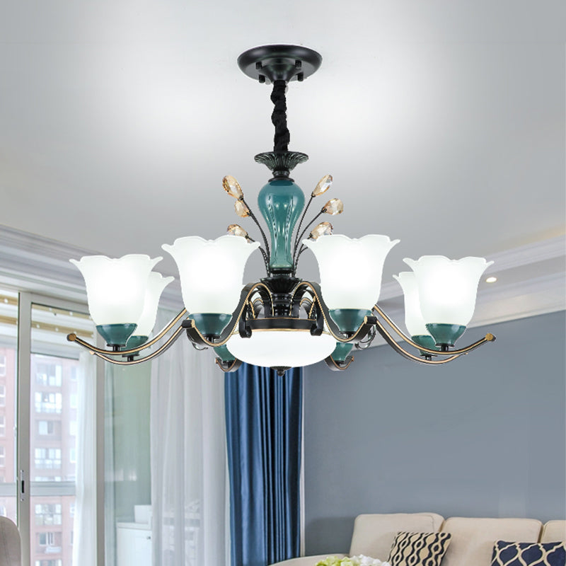 Flower Shade Suspension Lamp Countryside 3/6/8-Head Milky Glass Pendant Chandelier in Green