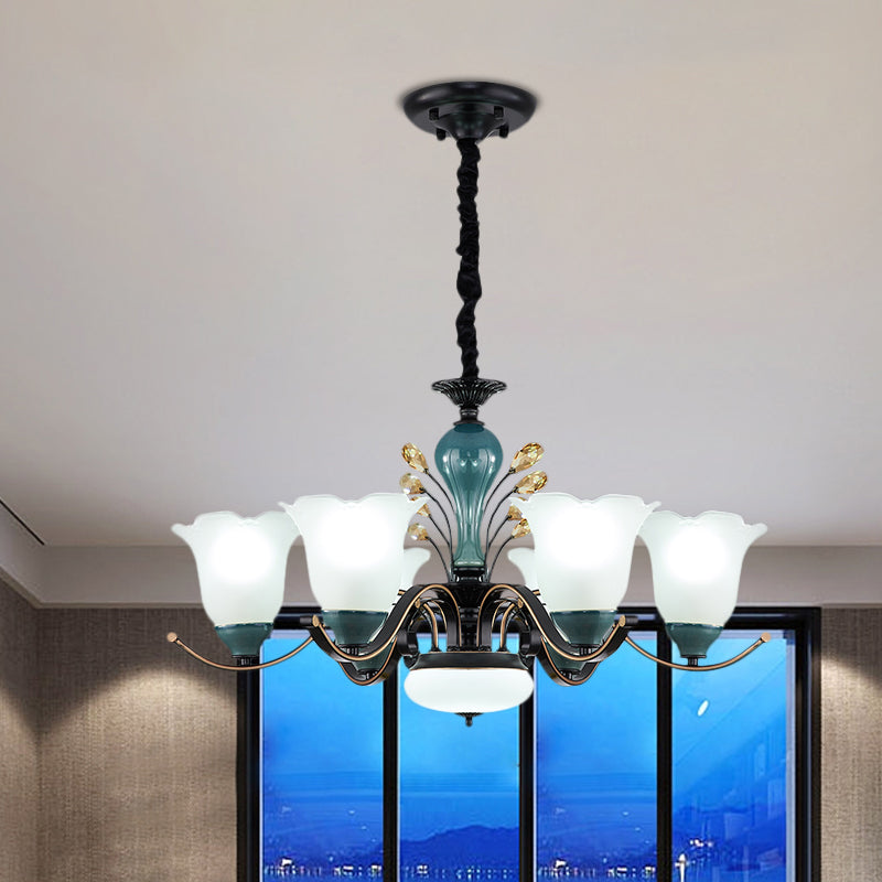 Flower Shade Suspension Lamp Countryside 3/6/8-Head Milky Glass Pendant Chandelier in Green