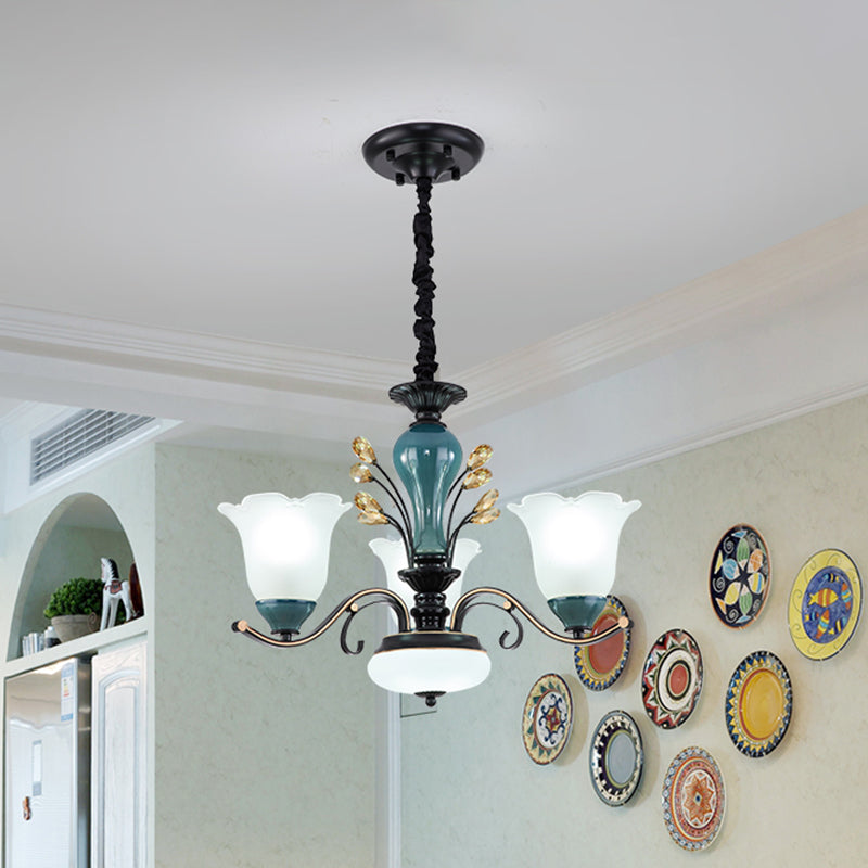 Flower Shade Suspension Lamp Countryside 3/6/8-Head Milky Glass Pendant Chandelier in Green