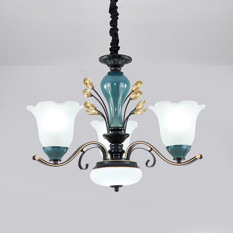 Flower Shade Suspension Lamp Countryside 3/6/8-Head Milky Glass Pendant Chandelier in Green