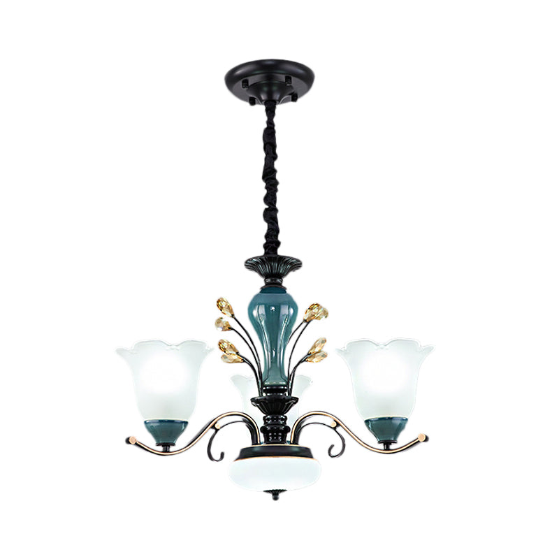 Flower Shade Suspension Lamp Countryside 3/6/8-Head Milky Glass Pendant Chandelier in Green