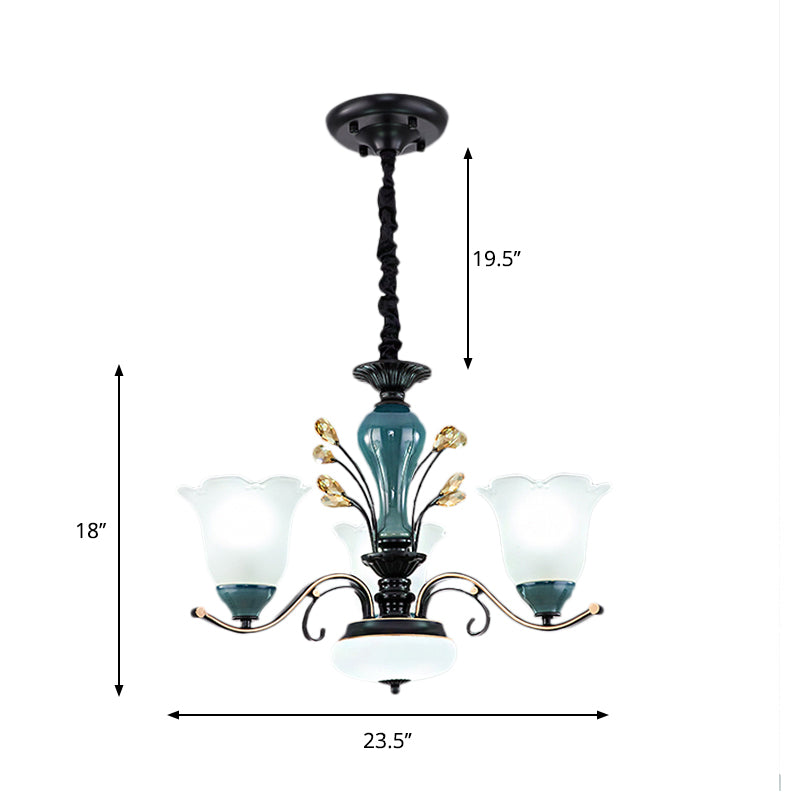 Flower Shade Suspension Lamp Countryside 3/6/8-Head Milky Glass Pendant Chandelier in Green
