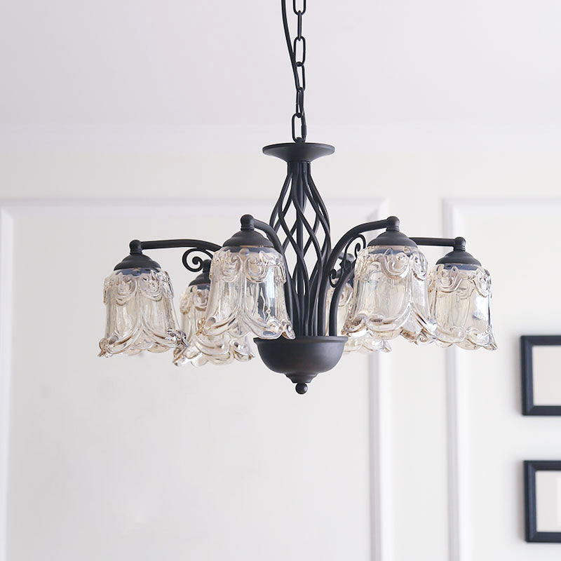 Black Curvy Arm Hanging Chandelier Rural Style Metallic 6/8 Lights Living Room Suspension Pendant