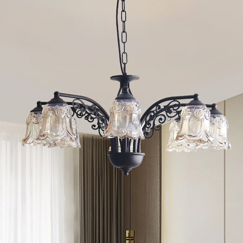 Black Curvy Arm Hanging Chandelier Rural Style Metallic 6/8 Lights Living Room Suspension Pendant