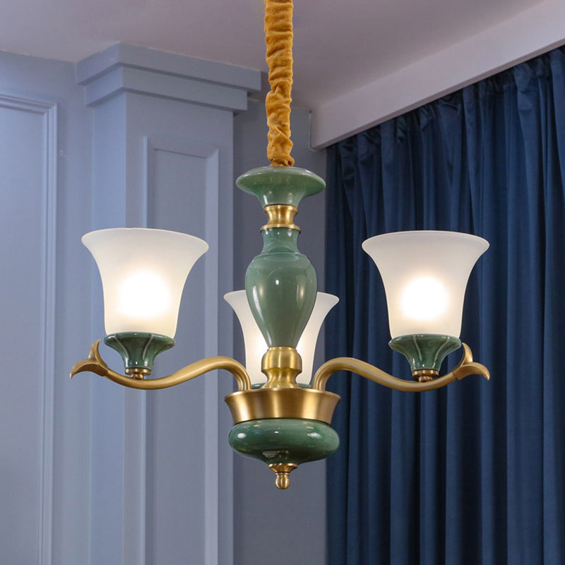 3/6 Bulbs Frosted Glass Suspension Lighting Countryside Green Bell Shaped Guest Room Chandelier
