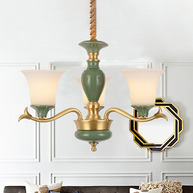 3/6 Bulbs Frosted Glass Suspension Lighting Countryside Green Bell Shaped Guest Room Chandelier
