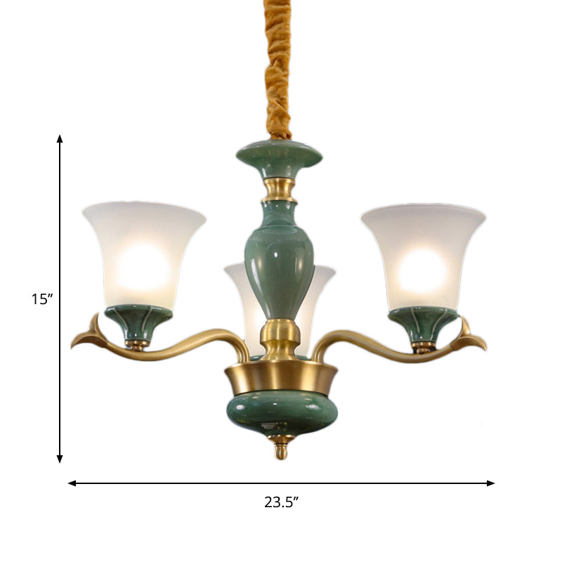 3/6 Bulbs Frosted Glass Suspension Lighting Countryside Green Bell Shaped Guest Room Chandelier