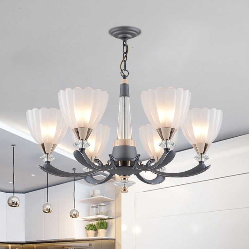 6/8 Bulbs Suspension Pendant with Floral Shade Opal Glass Countryside Guest Room Ceiling Chandelier in Grey