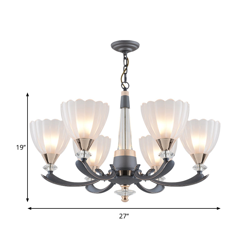 6/8 Bulbs Suspension Pendant with Floral Shade Opal Glass Countryside Guest Room Ceiling Chandelier in Grey