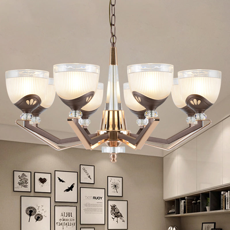 Coffee Bowl Shaped Pendant Chandelier Rural Style Cream Glass 3/6/8/10-Head Living Room Suspension Lighting