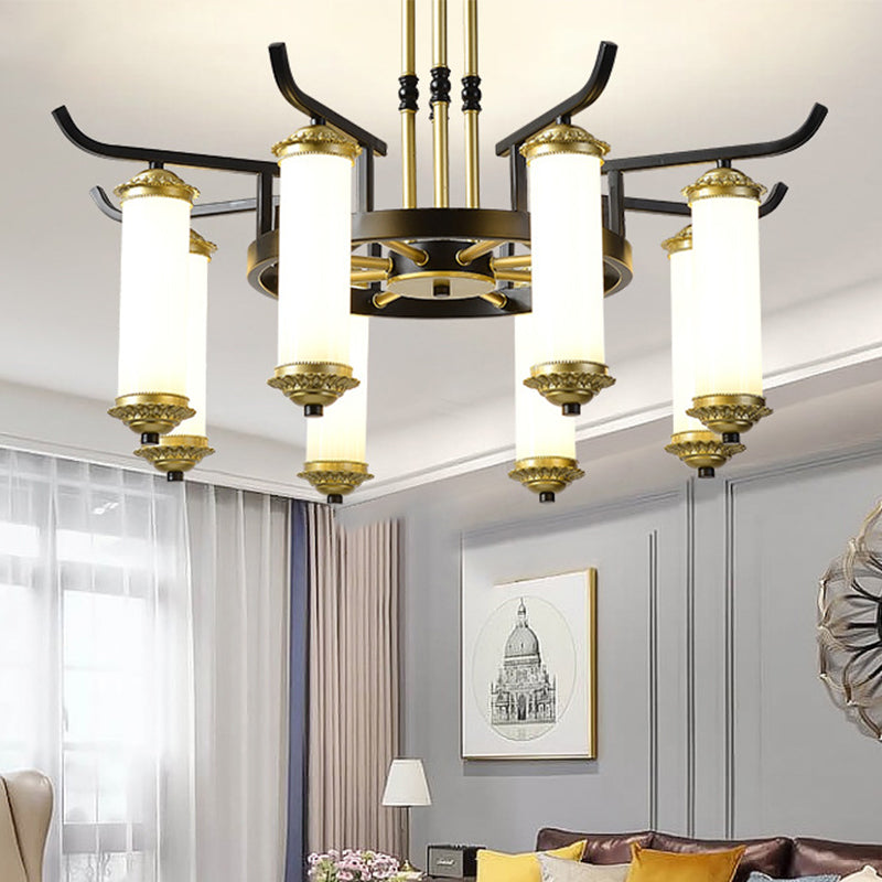 8/10 Bulbs Chandelier Lighting Fixture Countryside Column Frosted Glass Ceiling Lamp in Black-Gold