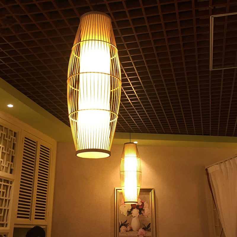 Asian Ellipse Shade Hanging Light for Restaurant Hand Made Bamboo Suspension Light in Beige
