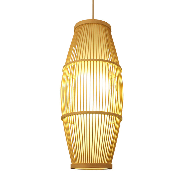 Asian Ellipse Shade Hanging Light for Restaurant Hand Made Bamboo Suspension Light in Beige