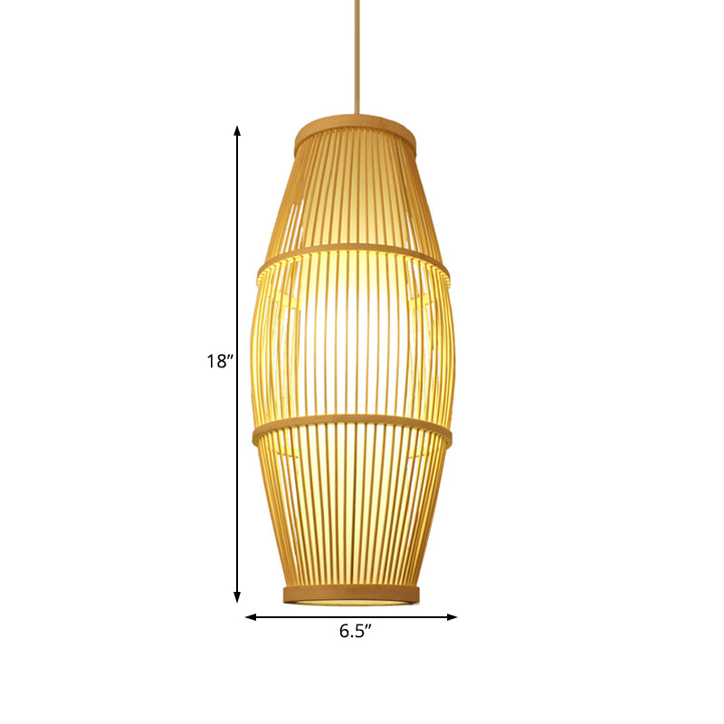 Asian Ellipse Shade Hanging Light for Restaurant Hand Made Bamboo Suspension Light in Beige