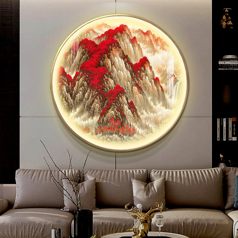 Red Circular Mountain Patterned Wall Lamp Oriental Style LED Metallic Mural Light for Guest Room