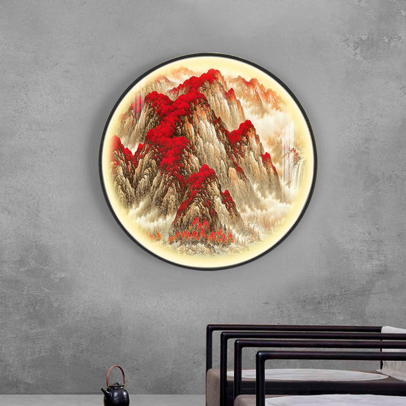Red Circular Mountain Patterned Wall Lamp Oriental Style LED Metallic Mural Light for Guest Room