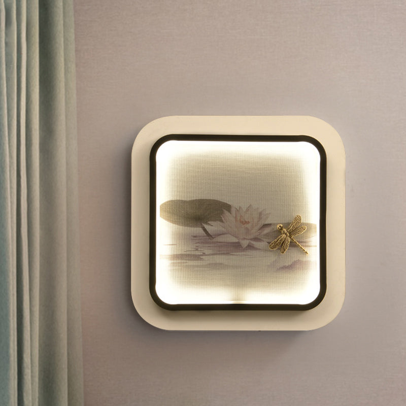 Chinese Square Metal Wall Lighting Fixture LED Mural Lamp in Black and White with Lotus and Dragonfly Pattern