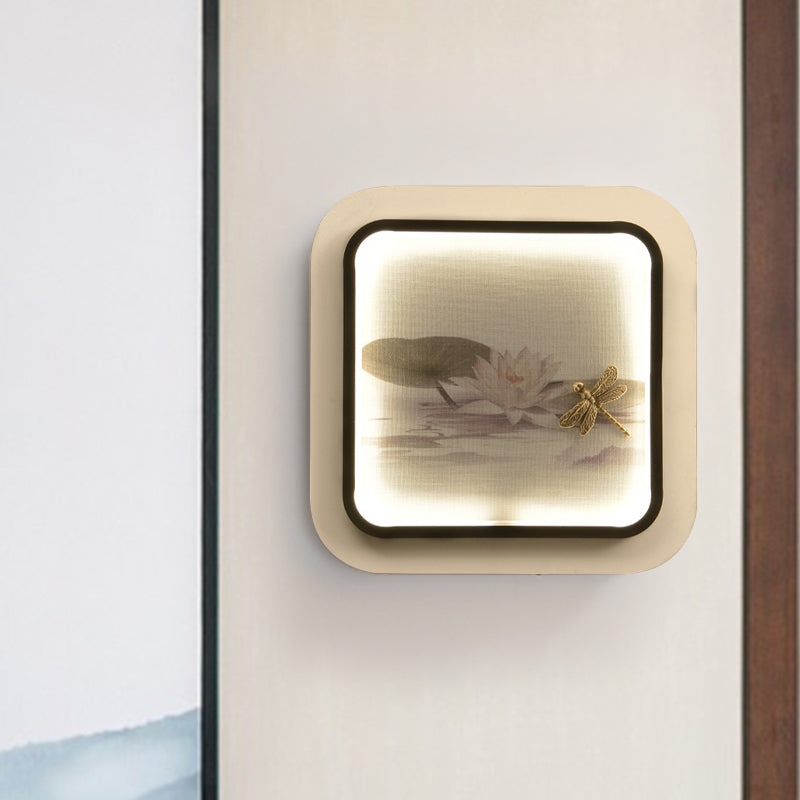 Chinese Square Metal Wall Lighting Fixture LED Mural Lamp in Black and White with Lotus and Dragonfly Pattern