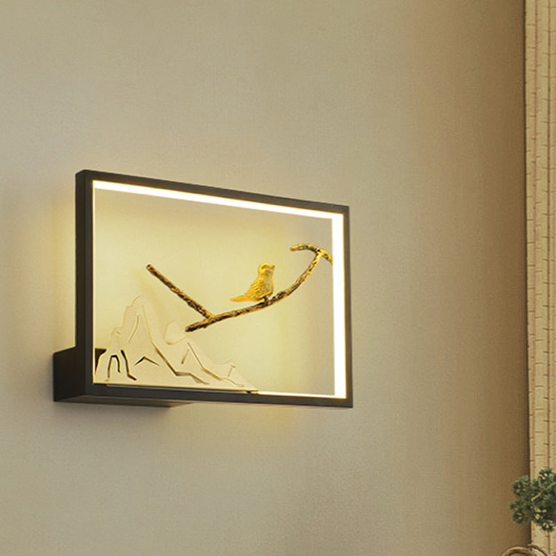 Metal Rectangle Bird and Mountain Mural Light Oriental Style LED Wall Lighting Idea in Black