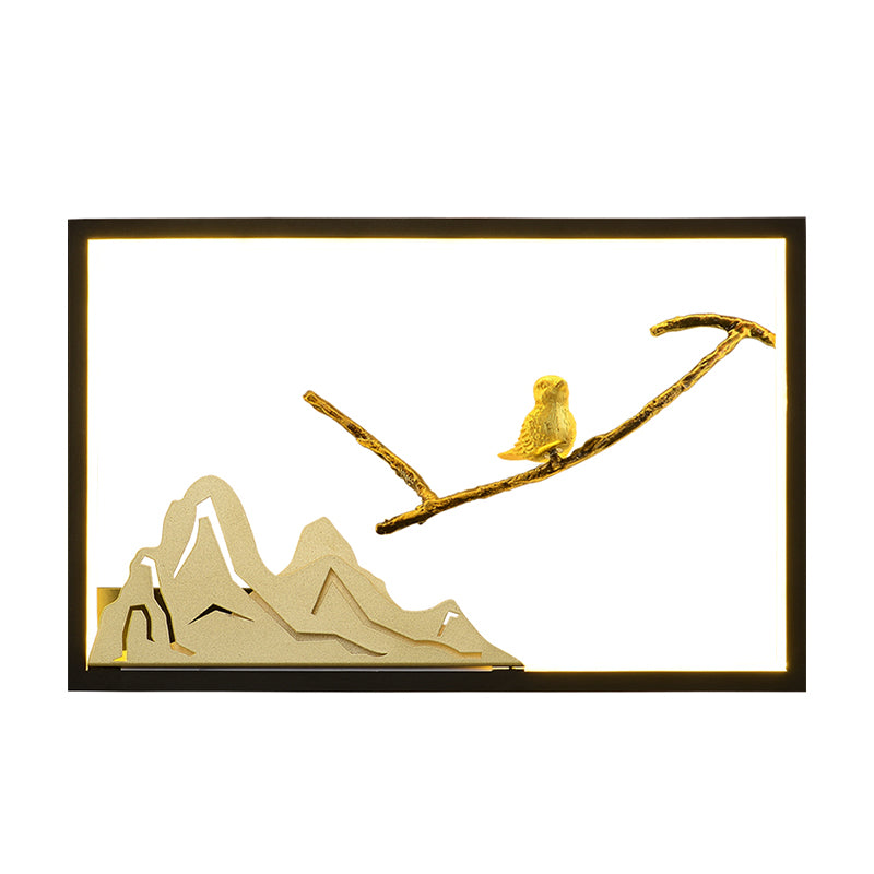 Metal Rectangle Bird and Mountain Mural Light Oriental Style LED Wall Lighting Idea in Black