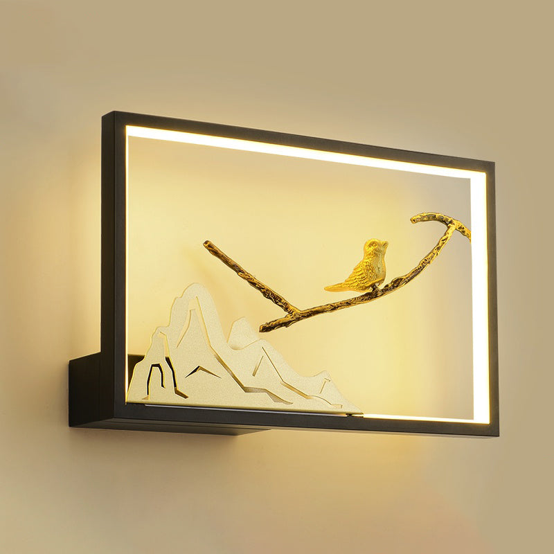 Metal Rectangle Bird and Mountain Mural Light Oriental Style LED Wall Lighting Idea in Black