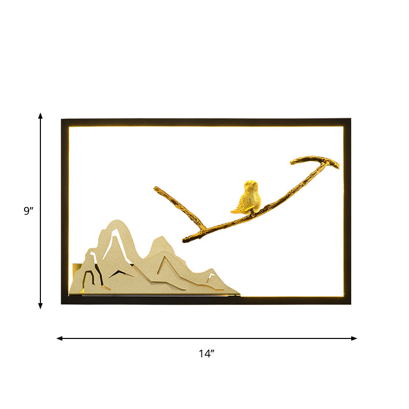 Metal Rectangle Bird and Mountain Mural Light Oriental Style LED Wall Lighting Idea in Black