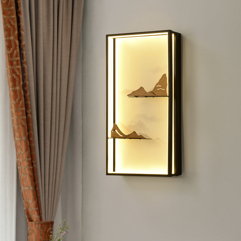 Black Rectangle Mountain Wall Lighting Oriental Style LED Metallic Wall Mural Lamp