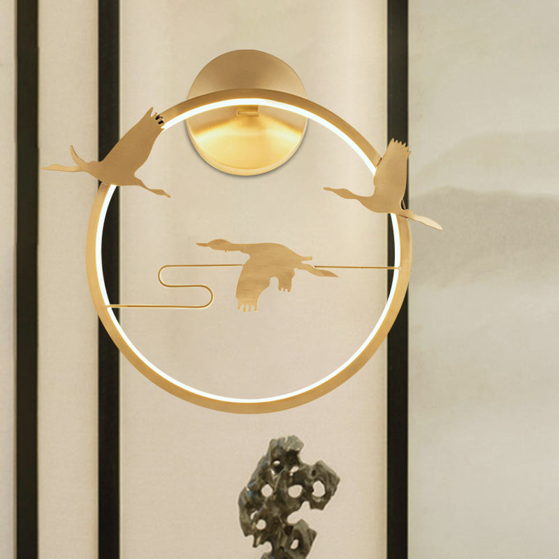 Round Crane Patterned Wall Mural Lamp Asia Style Metallic LED Bedroom Wall Lighting Idea in Gold