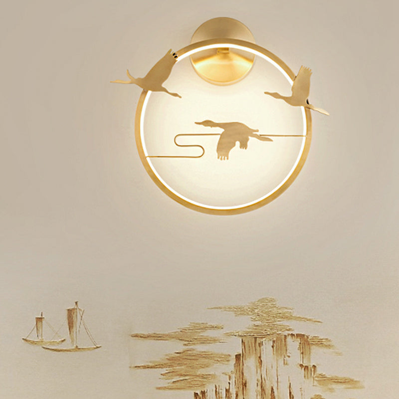 Round Crane Patterned Wall Mural Lamp Asia Style Metallic LED Bedroom Wall Lighting Idea in Gold