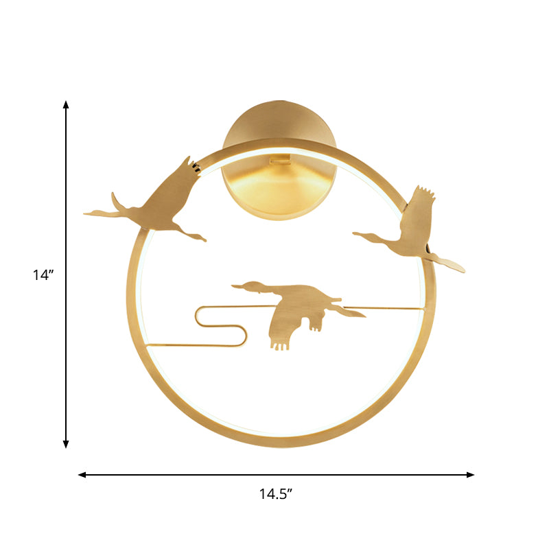 Round Crane Patterned Wall Mural Lamp Asia Style Metallic LED Bedroom Wall Lighting Idea in Gold