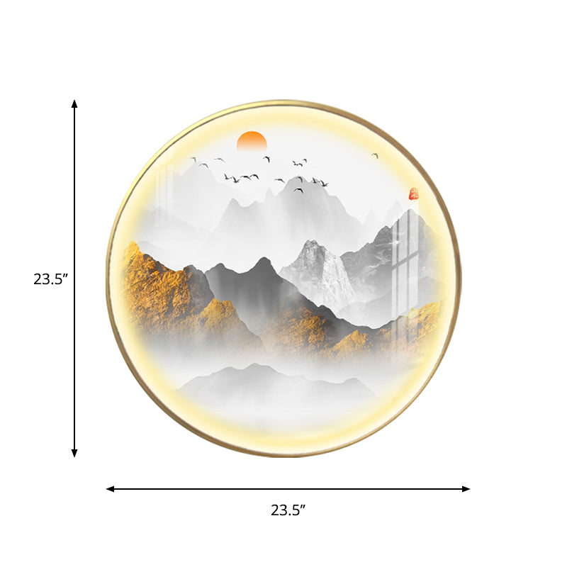 Gold Round Wall Mount Light Fixture Oriental LED Metallic Wall Mural Lamp with Mountain and Sun Pattern