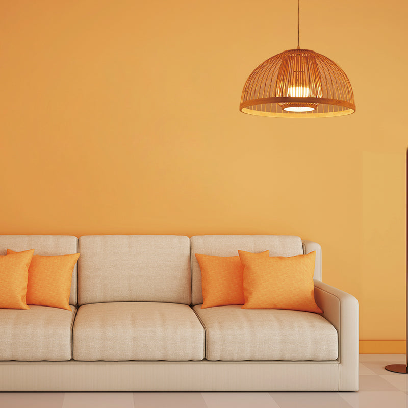 Asian Style Domed Hanging Light Bamboo Single Bulb Pendant Lamp over Dining Table, 16"/18" Diameter