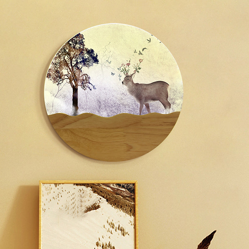LED Bedside Wall Lighting Idea Minimalist Style Wood Elk Deer and Tree Patterned Mural Lamp with Round Metal Shade