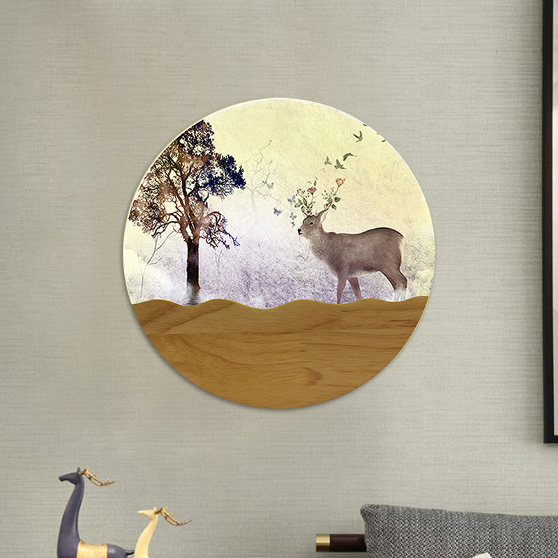 LED Bedside Wall Lighting Idea Minimalist Style Wood Elk Deer and Tree Patterned Mural Lamp with Round Metal Shade