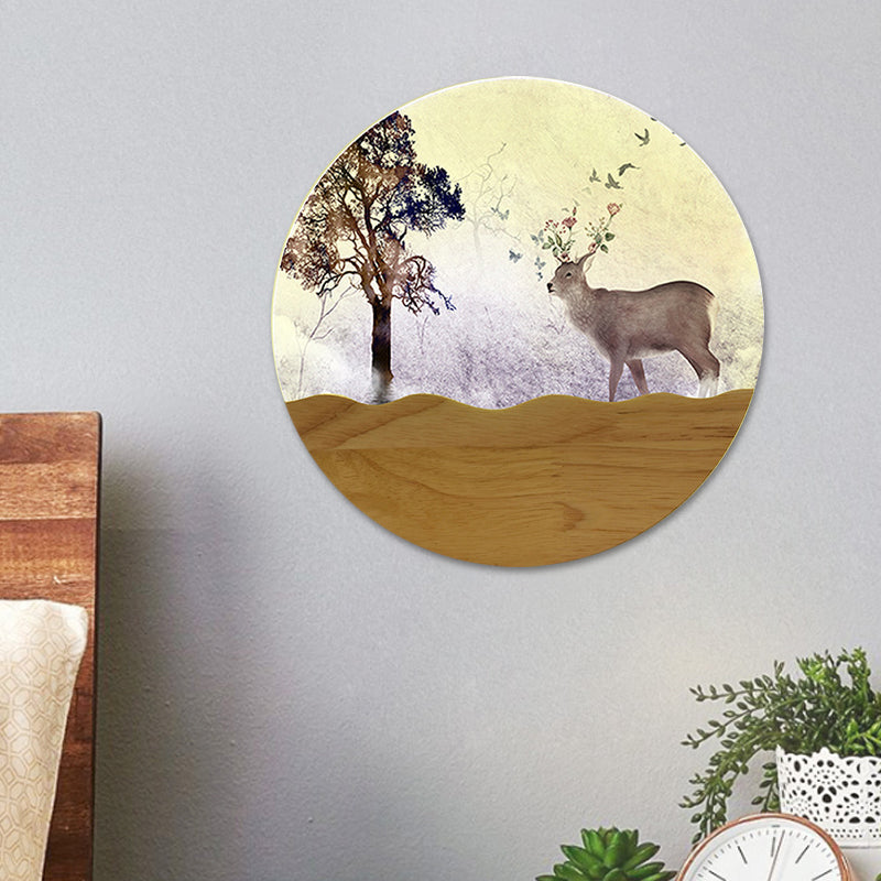 LED Bedside Wall Lighting Idea Minimalist Style Wood Elk Deer and Tree Patterned Mural Lamp with Round Metal Shade