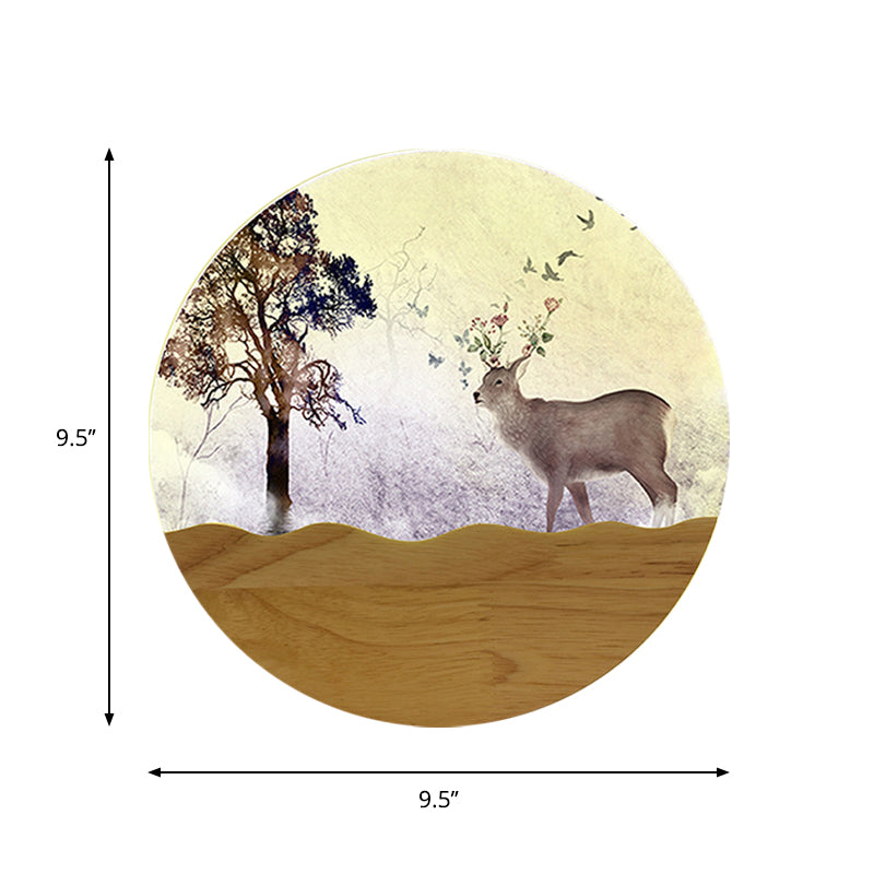 LED Bedside Wall Lighting Idea Minimalist Style Wood Elk Deer and Tree Patterned Mural Lamp with Round Metal Shade