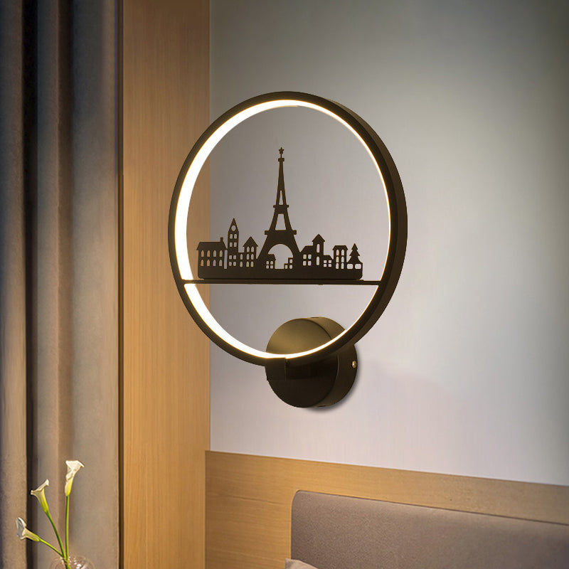 White/Black Round Wall Mural Lamp Nordic LED Metal Wall Mounted Light Fixture with Eiffel Tower/Couple Pattern