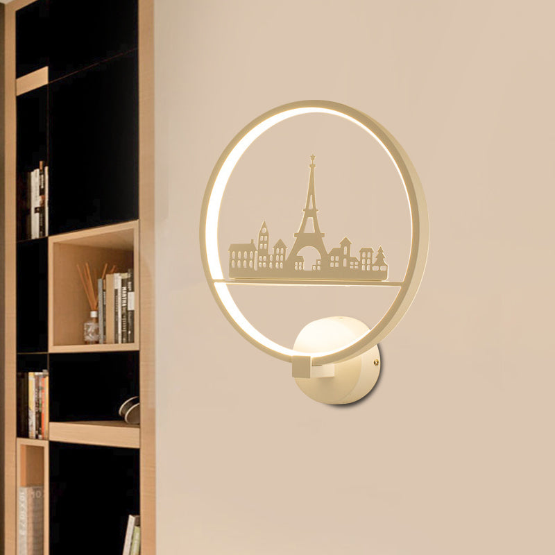 White/Black Round Wall Mural Lamp Nordic LED Metal Wall Mounted Light Fixture with Eiffel Tower/Couple Pattern