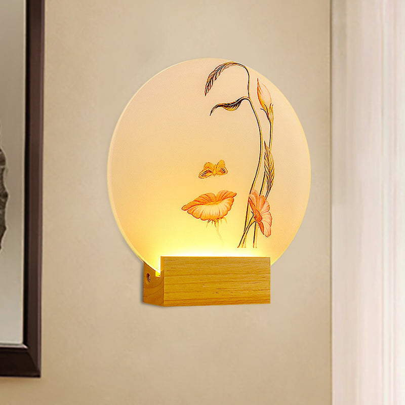 Circular Metallic Butterfly and Leaf Mural Lamp Minimal Style LED Wood Wall Lighting Fixture