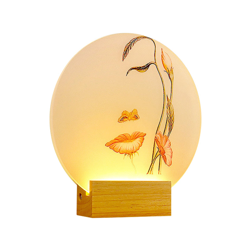 Circular Metallic Butterfly and Leaf Mural Lamp Minimal Style LED Wood Wall Lighting Fixture