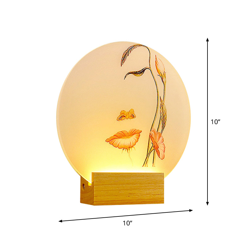 Circular Metallic Butterfly and Leaf Mural Lamp Minimal Style LED Wood Wall Lighting Fixture