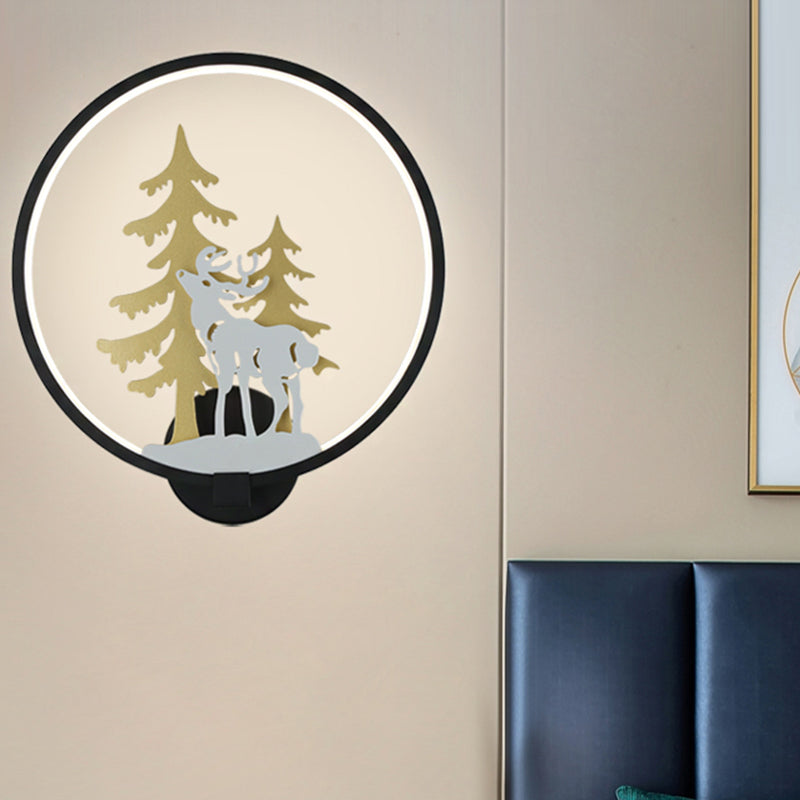 Deer rotondo nero/nero e luce murale Mural Style Minimalist Minimalist LED Apparecchiatura da parete in metallo, luce calda/bianca