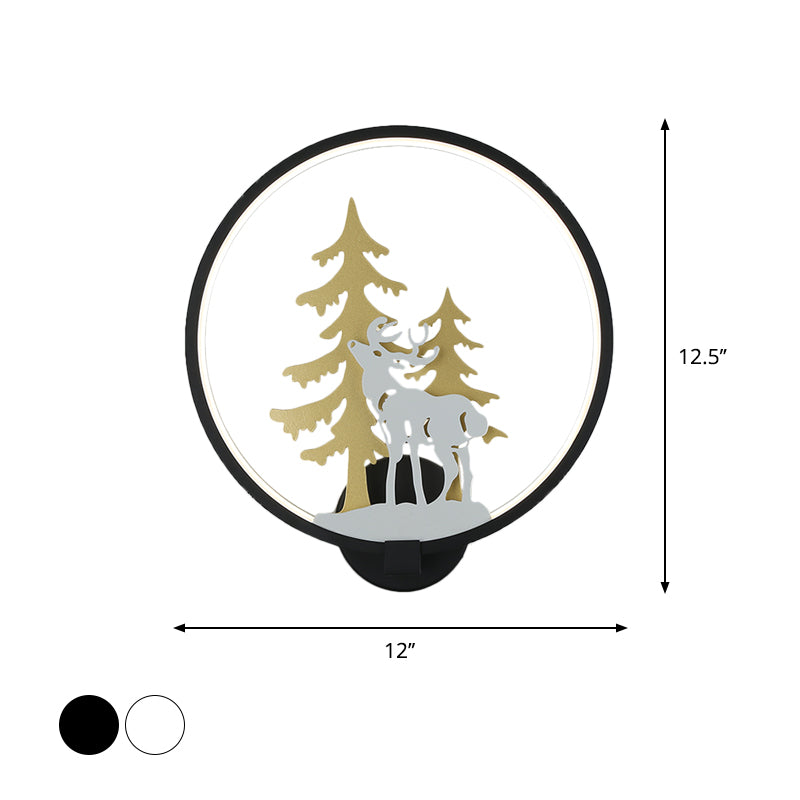 Black/White Round Deer and Tree Mural Light Minimalist Style LED Metal Wall Lighting Fixture, Warm/White Light