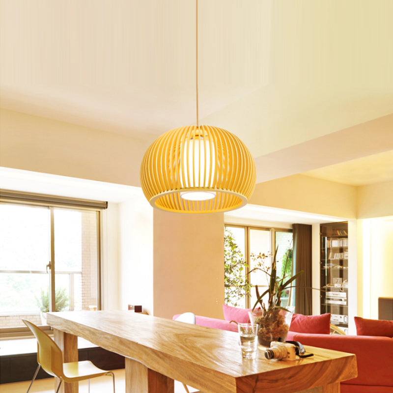 Wooden Dome Shade Suspended Lamp Asian Single Pendant Light for Restaurant Dining Room