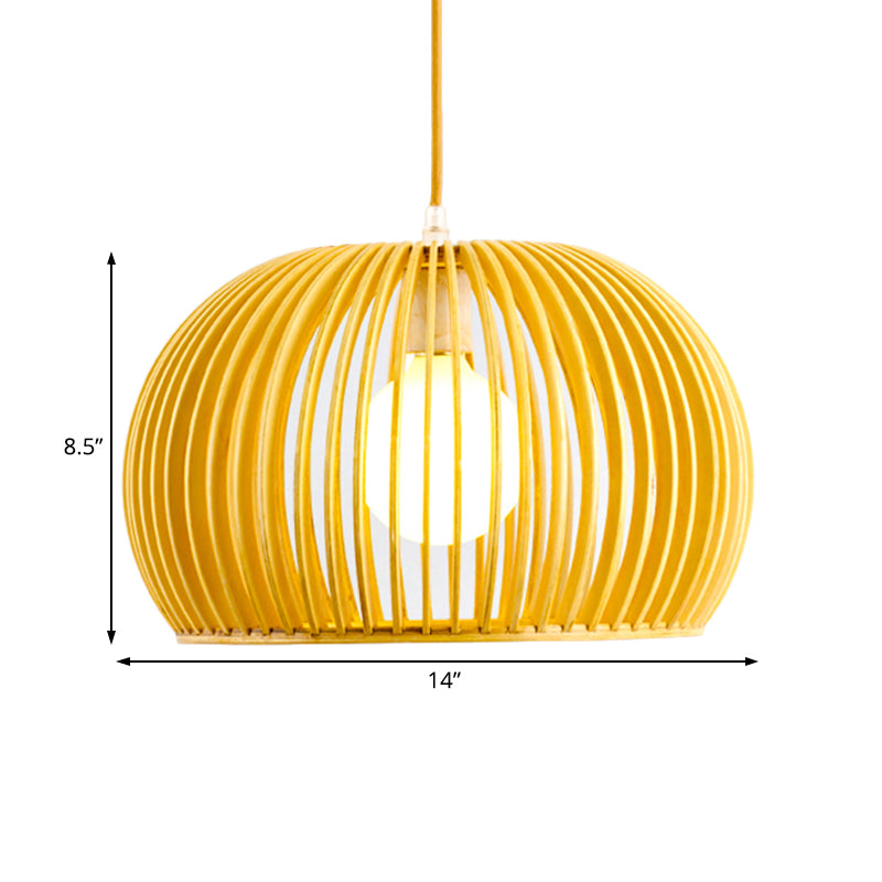 Wooden Dome Shade Suspended Lamp Asian Single Pendant Light for Restaurant Dining Room