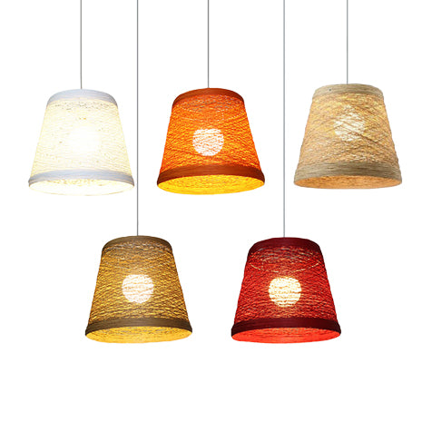 Rattan Trapezoid Hanging Pendant Lamp Rustic One Head Suspension Lighting in Red/Orange/White/Brown/Begie