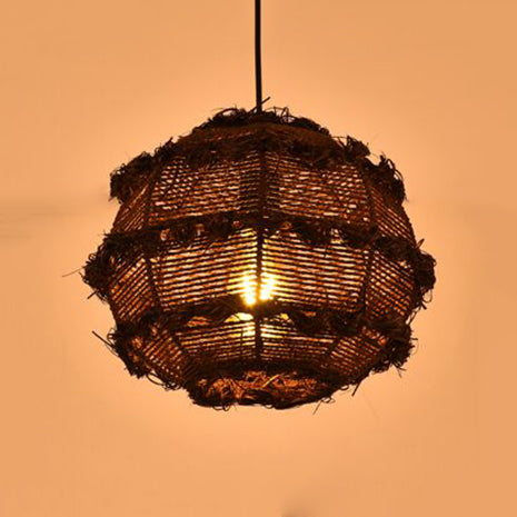Rattan Globe Hanging Light over Table Rustic 1-Head Pendant Luminaire in Beige/Black