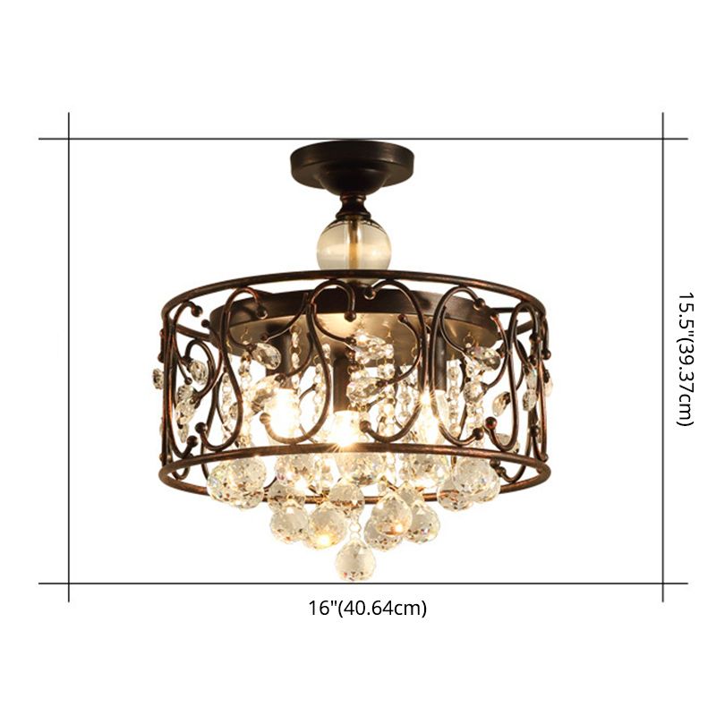 3-Lights Drum Ceiling Light with Romantic Crystal Drops Design Wrought Iron Semi Flush-mount Lighting Fixture in Rust