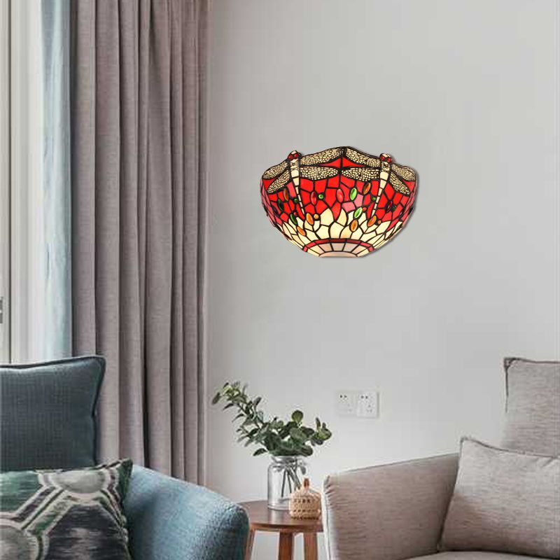 Half-Bowl Wall Light with Dragonfly and Jewel Tiffany Stained Glass Wall Sconce in Red/Blue for Cafe